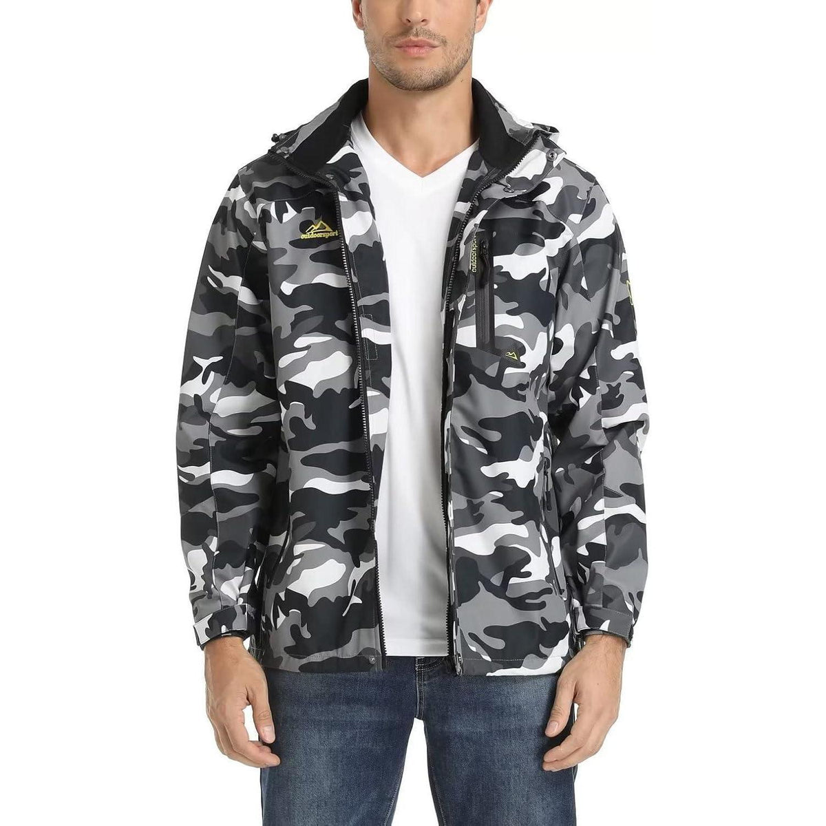 Herren Outdoorjacke wasserabweisend mit Kapuze – Schwarz Camo