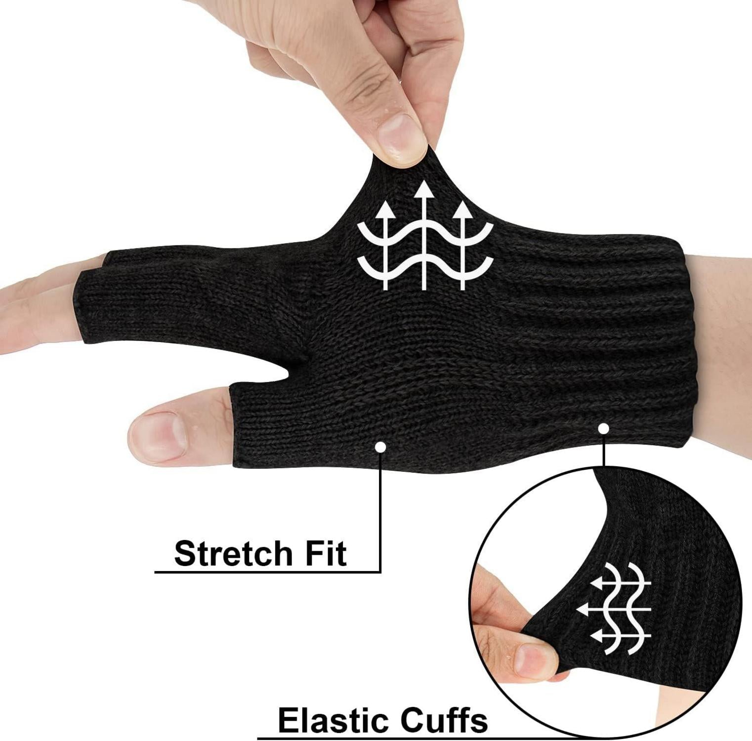 Thermische Fingerlose Strickhandschuhe für Damen und Herren Schwarz