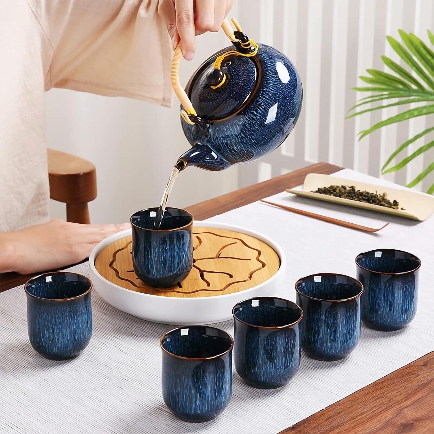 Chinesisches Teeservice Keramik 600ml Teekanne 6 Tassen Grün