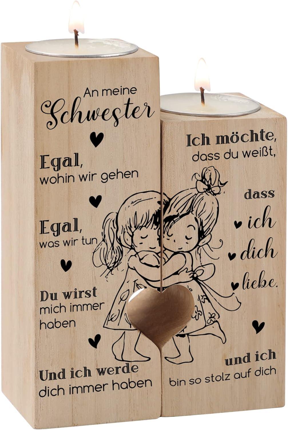 Herz Kerzenhalter Geschenk 2er Set Schwester Weihnachten Geburtstag Holz