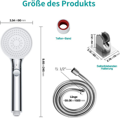 Chrom Duschkopf mit 3 Strahlarten, Hochdruck Handbrause
