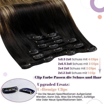 Echthaar Haarverlängerung Clip-in Balayage Schwarz Braun Ombre