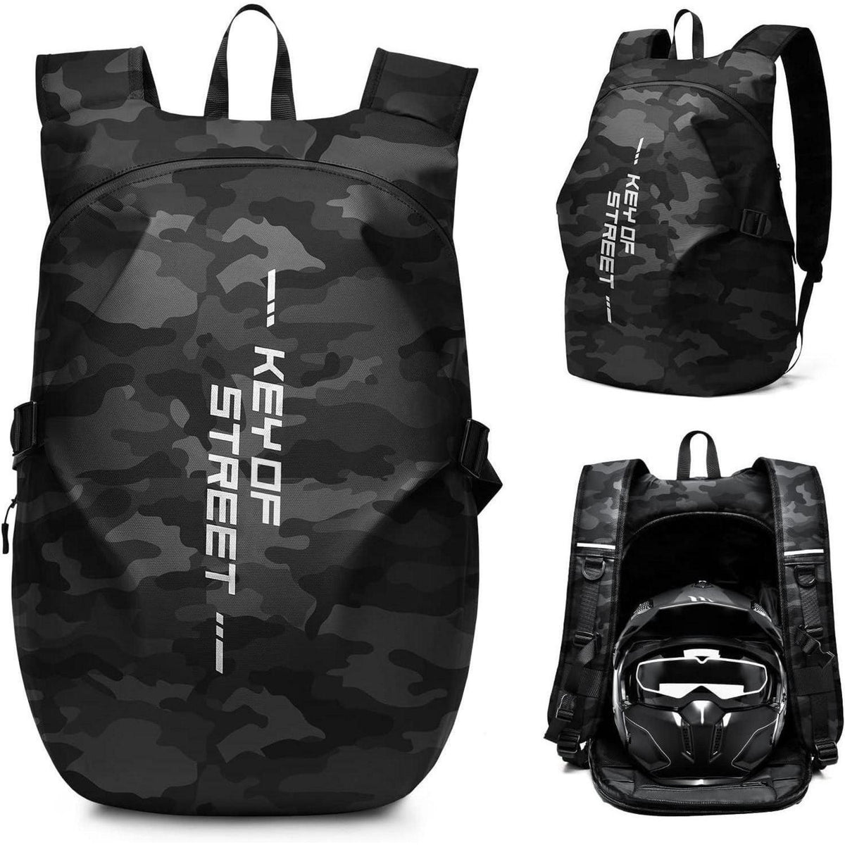 Motorradrucksack wasserdicht Helm & Laptop E-Tarnung Schwarz