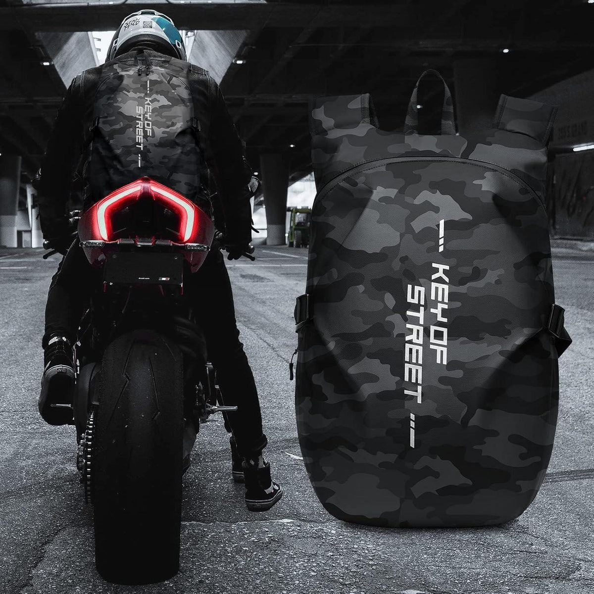 Motorradrucksack wasserdicht Helm & Laptop E-Tarnung Schwarz