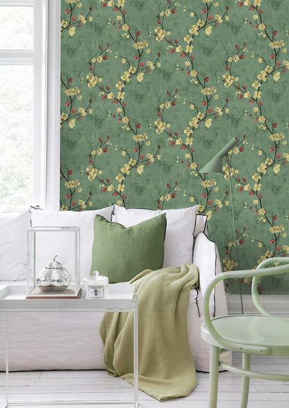 Selbstklebende Fototapete Blumen Vintage Design Grün 44cm x 10m