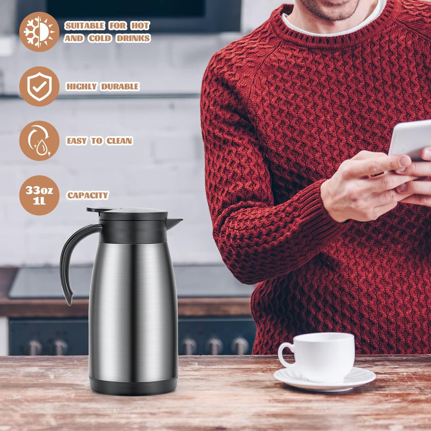 Isolierkanne 1L Edelstahl Thermoskanne Vakuum Kaffeekanne Teekanne Silber