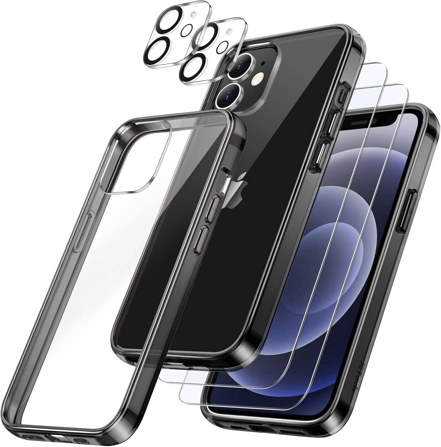 iPhone 12 Hülle 5-in-1 Schutz Set Schwarz Stoßfest Panzer Glas