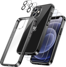 iPhone 12 Hülle 5-in-1 Schutz Set Schwarz Stoßfest Panzer Glas