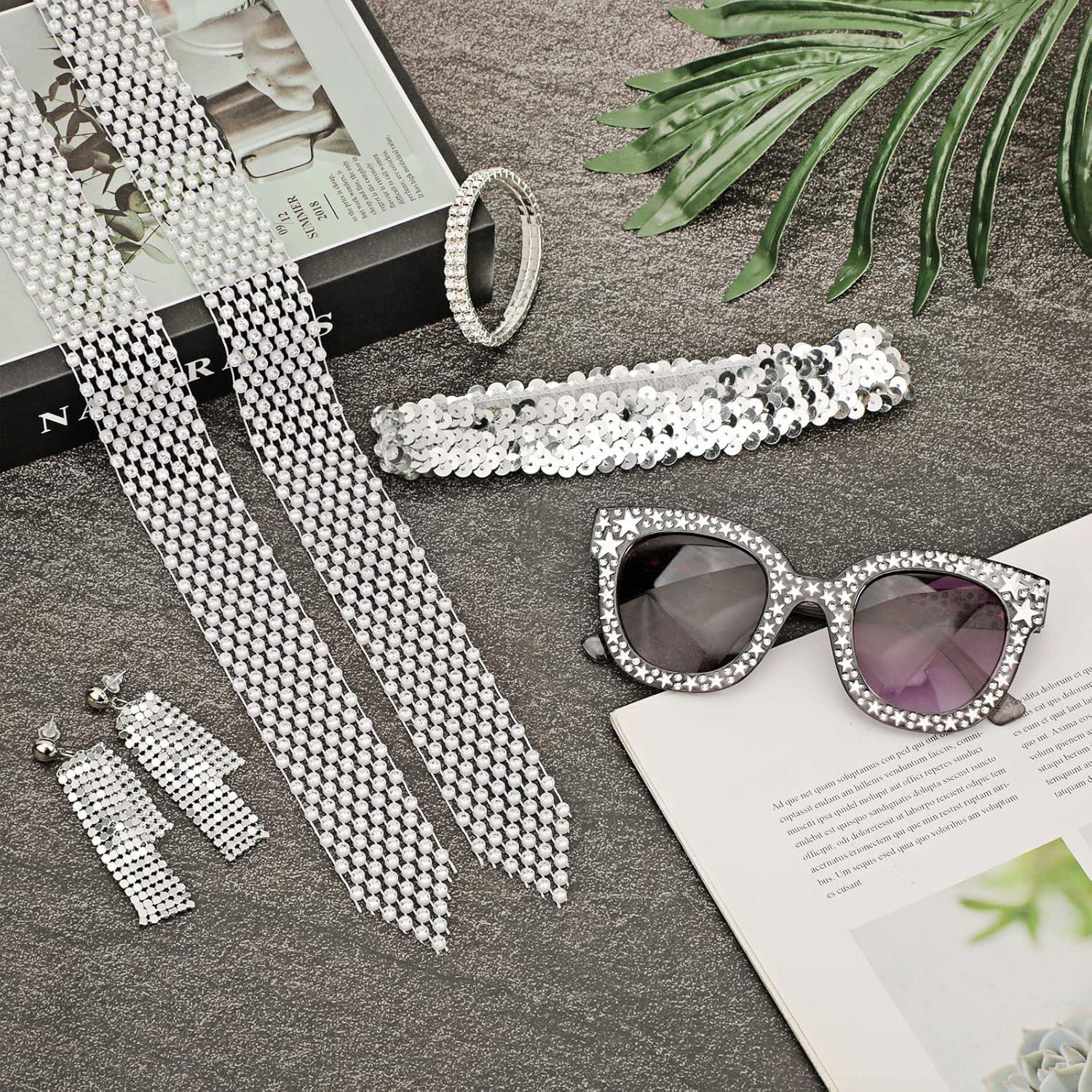 Disco Accessoires 70er Jahre Kostüm Damen Glitzer Sonnenbrille Ohrringe Haarband & Armband