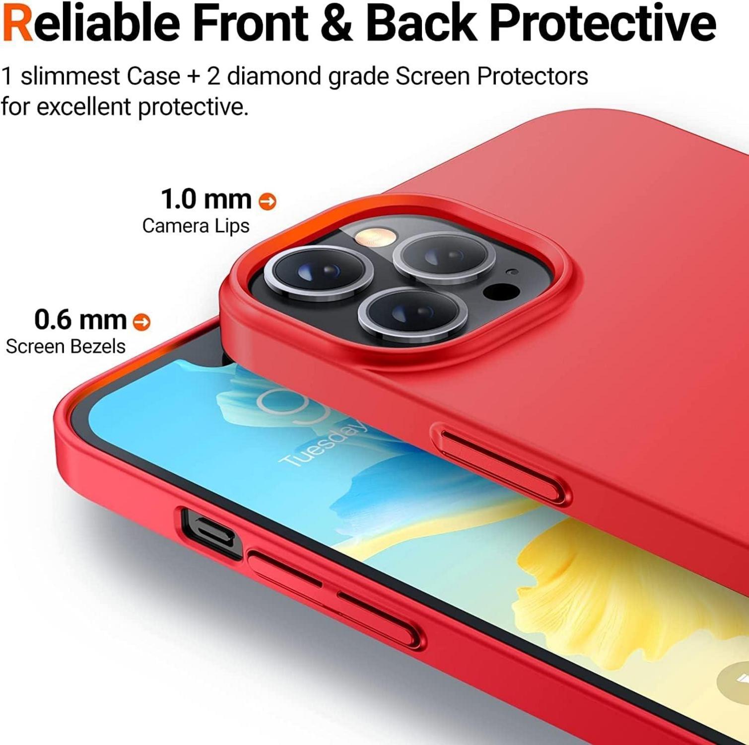 TORRAS Ultra Dünn iPhone 14 Pro Max Hülle + 2 Schutzglas Rot Slim
