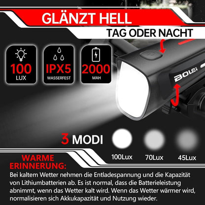 BOLEi LED Fahrradlicht Set 100 LUX StVZO zugelassen USB