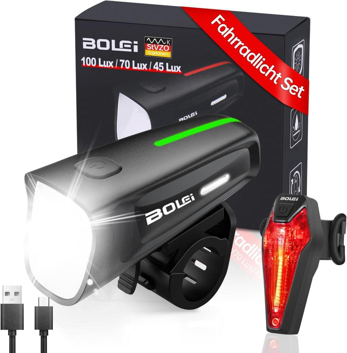 LED Fahrradlicht Set 100 LUX StVZO Zugelassen USB Aufladbar IPX5