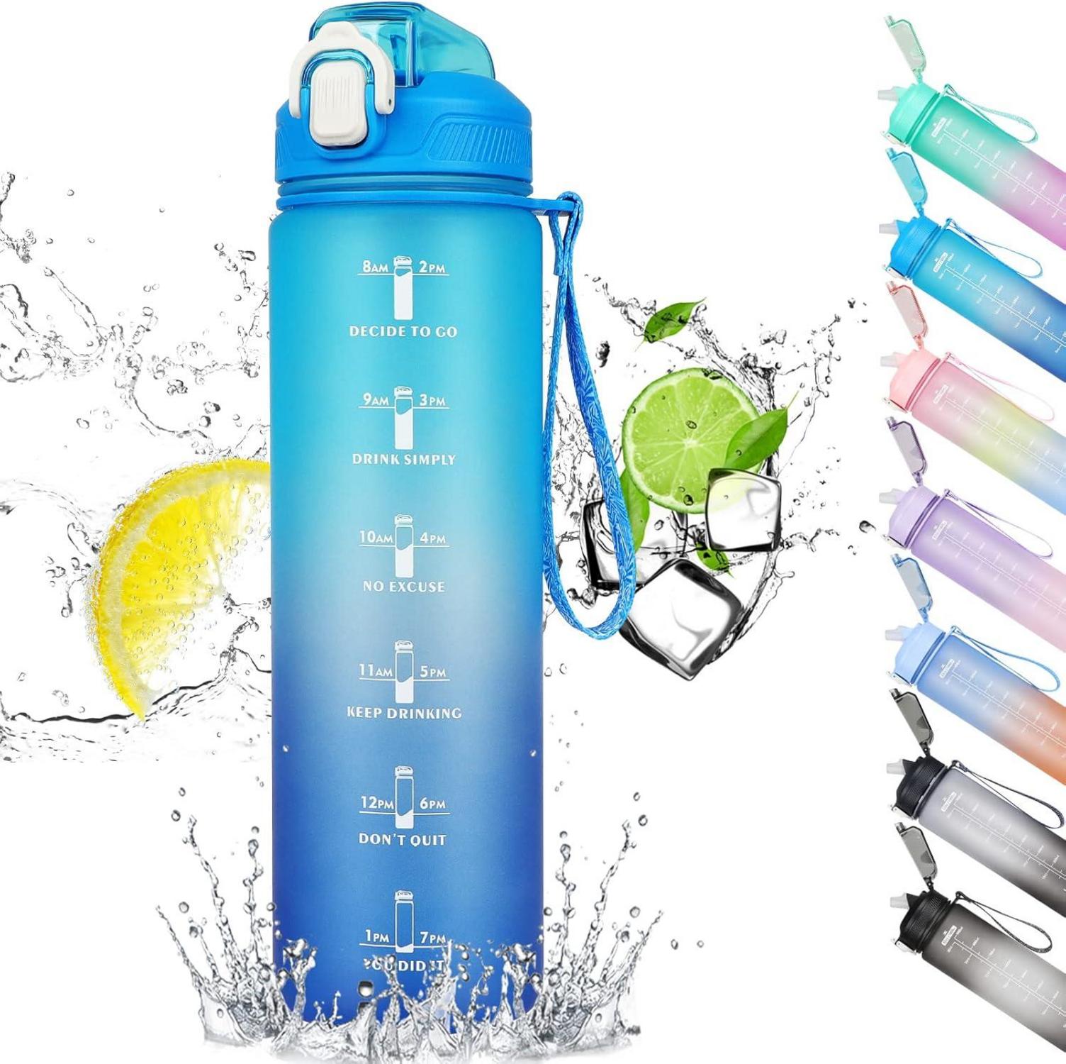 Trinkflasche mit Strohhalm 1L Zeitmarkierung BPA-frei