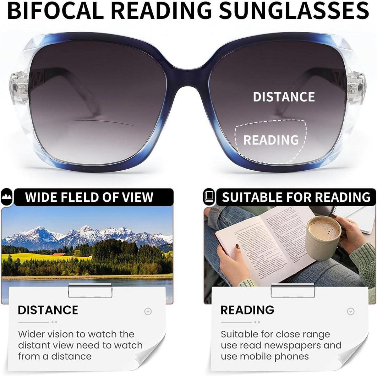 Bifokale Lese-Sonnenbrille Damen - Übergroße Gläser mit UV-Schutz