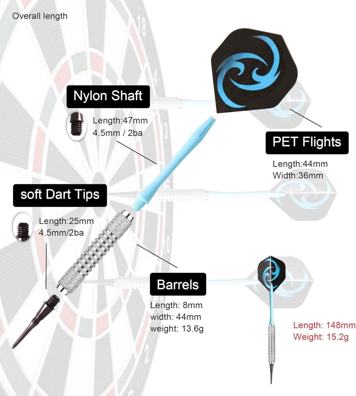 Softdart Set 16g: 12 Stück Soft Dartpfeile mit PVC Schäften, 50 Dartspitzen, 24 Flights