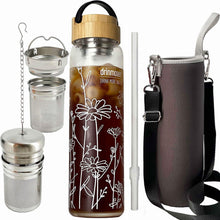 1 Liter Glas Trinkflasche mit Bambusdeckel und Hülle, Teeflasche mit