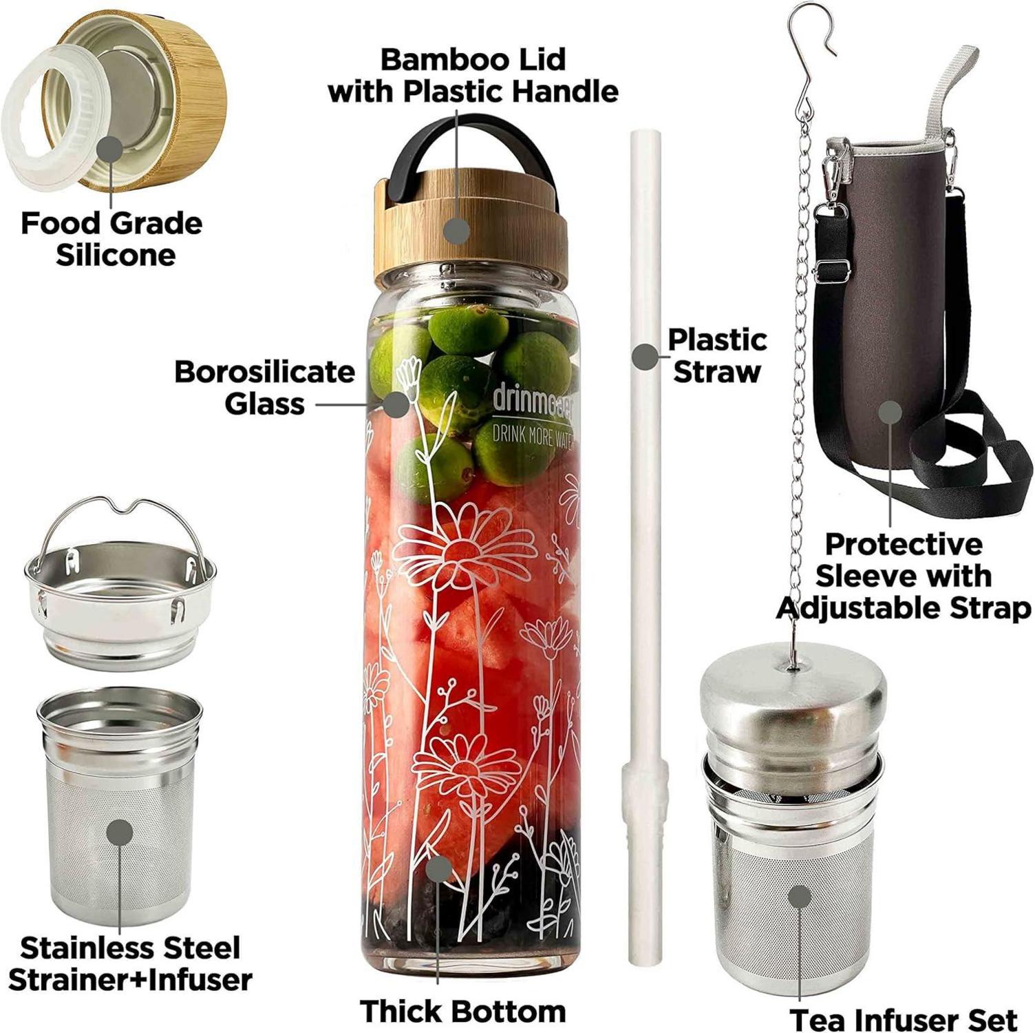 1L Glas Trinkflasche mit Bambusdeckel und Hülle, Teeflasche mit Sieb