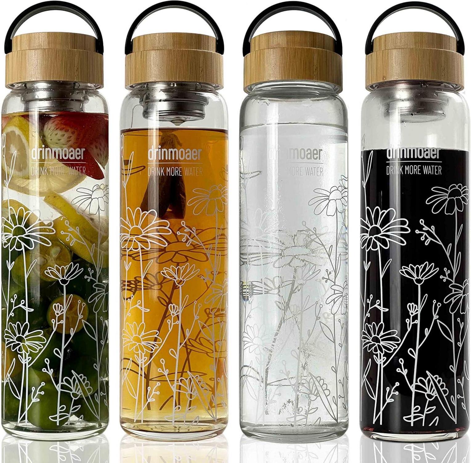 Trinkflasche 1 Liter Glas Bambus Deckel Hülle Tee Sieb to go 1l Flower