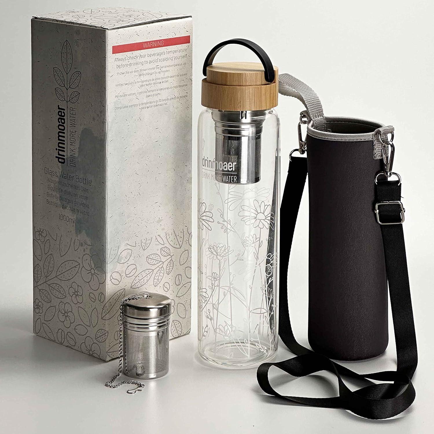 1 Liter Glas Trinkflasche mit Bambusdeckel und Hülle, Teeflasche mit Sieb, Blumenmuster