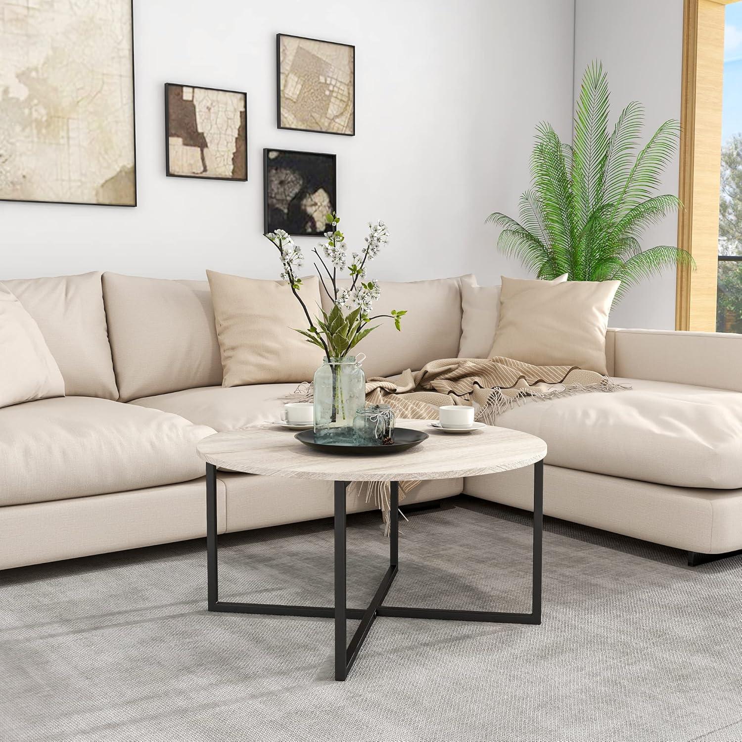 Runder Couchtisch Schwarz Metall Holzplatte Modern Design
