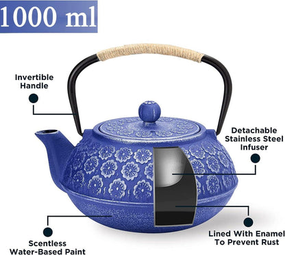 Teekanne Gusseisen mit Edelstahl Siebeinsatz 1000ml Tee Pot Blau