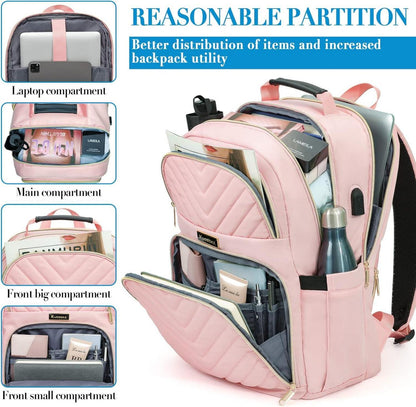 Damen Rucksack 15,6 Zoll USB Ladeanschluss Rosa Wasserdicht