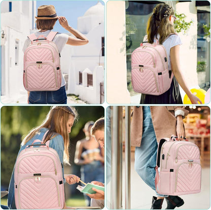 Rucksack Damen 15.6 Zoll USB Ladeanschluss Laptop Daypack Rosa Uni