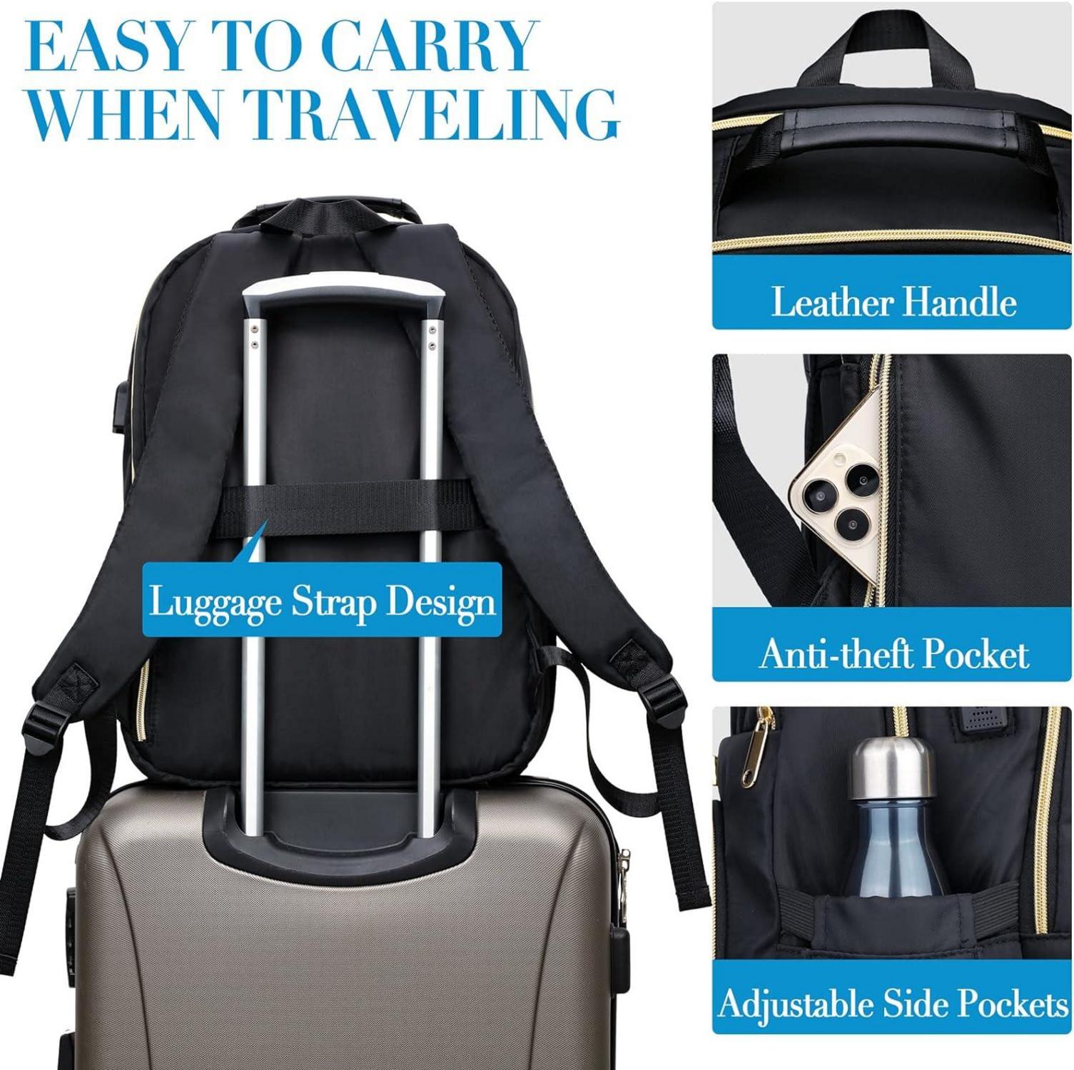 Modischer Damen Laptop Rucksack 17.3 Zoll USB Ladeanschluss Schwarz 45L