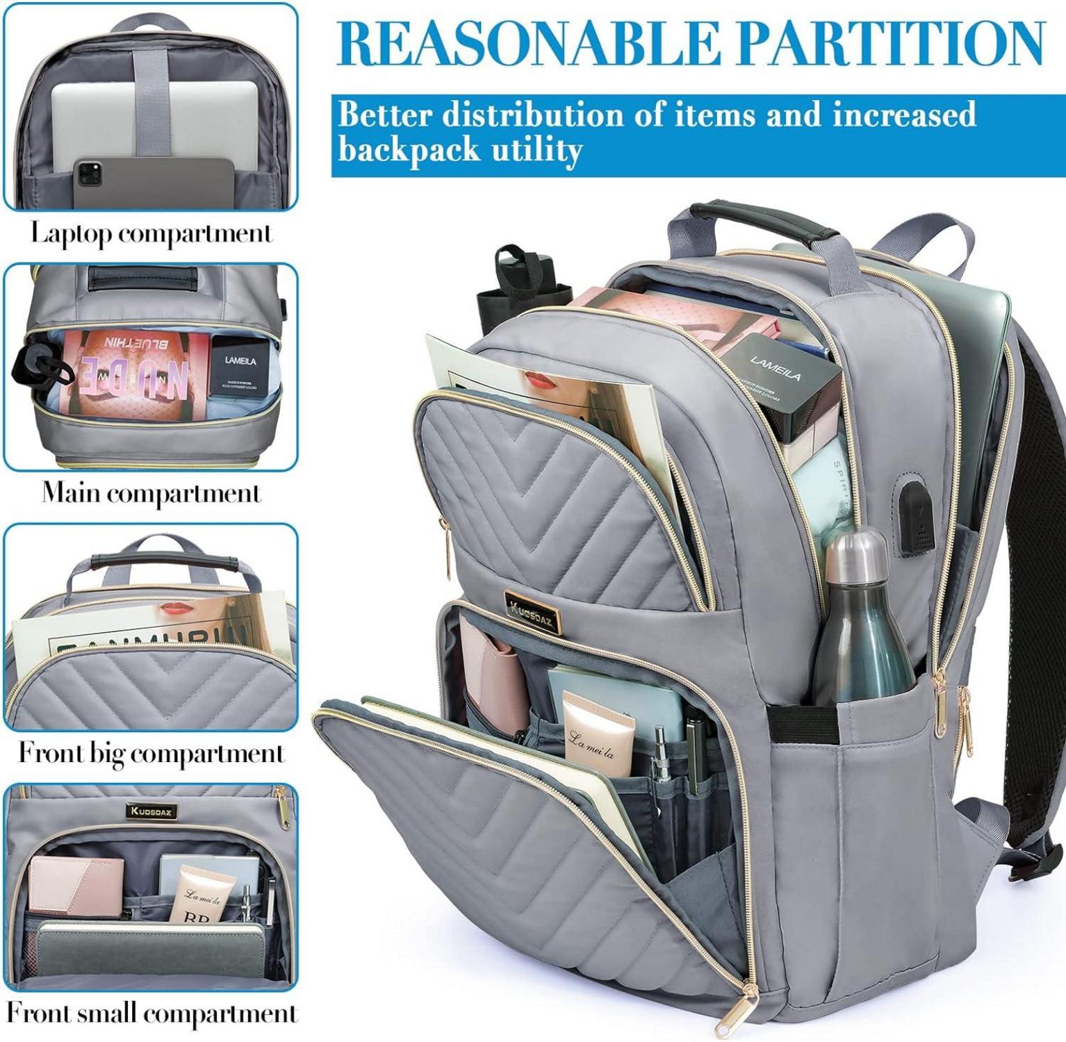 Rucksack Damen 15,6 Zoll USB Ladeanschluss Grau wasserdicht