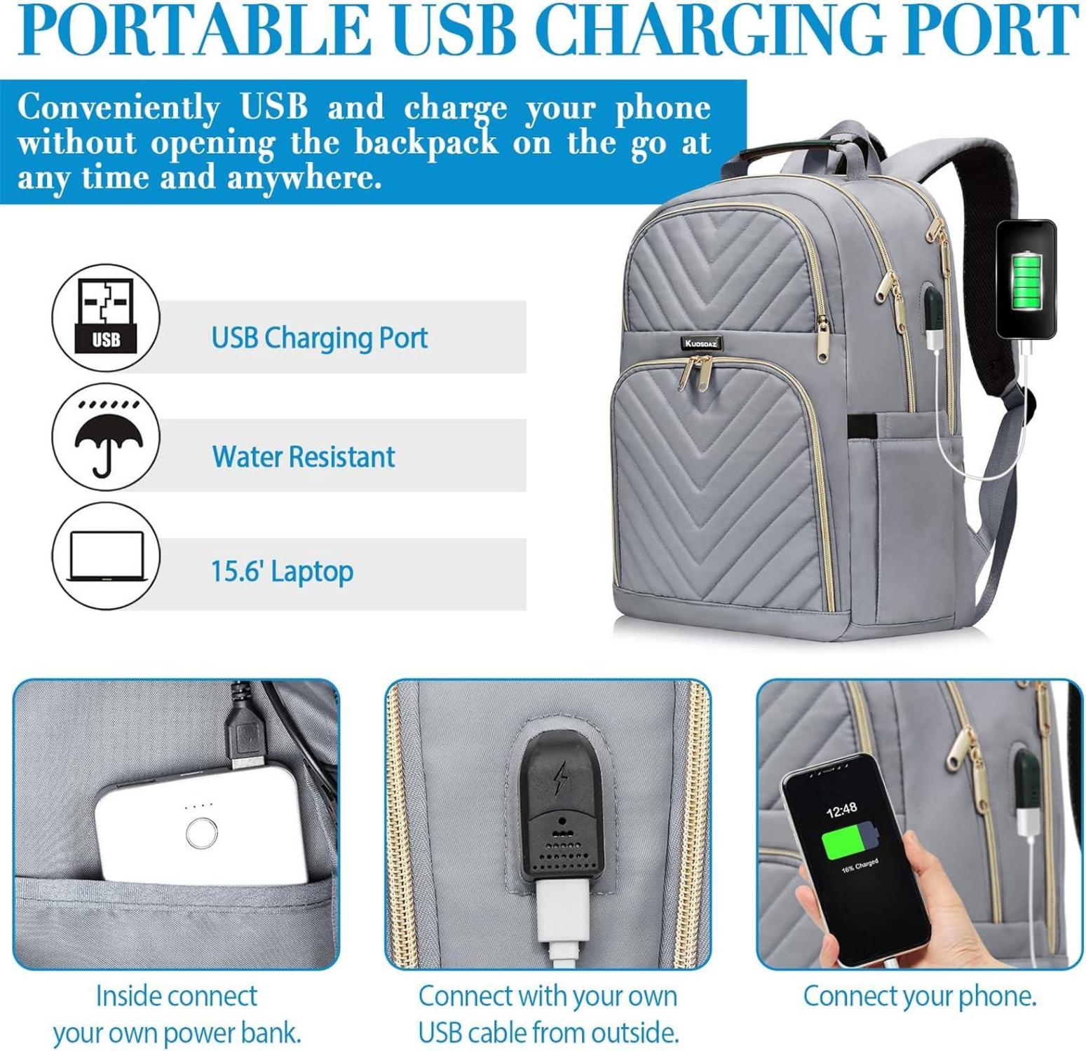 Modischer Damen Laptop-Rucksack mit USB-Ladeanschluss 15,6 Zoll Grau