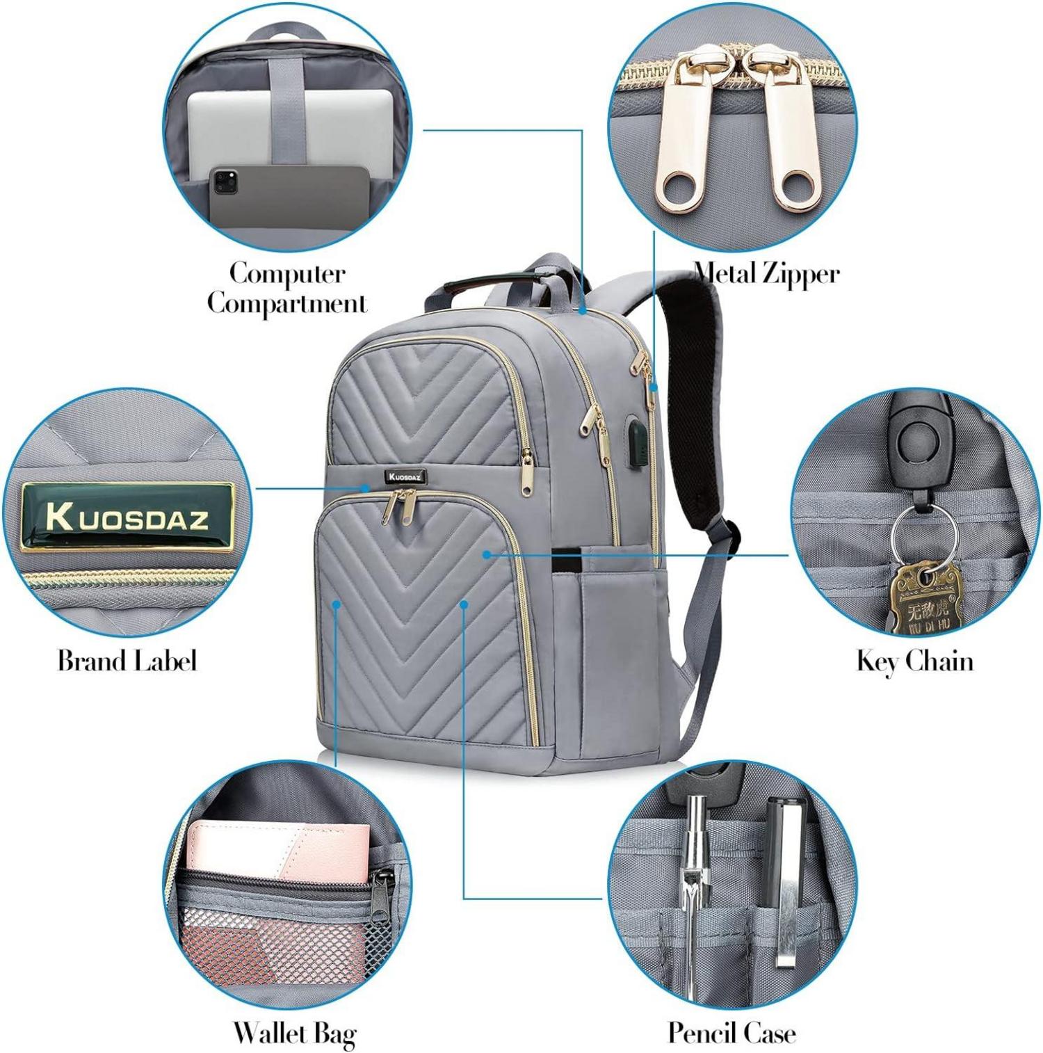 Rucksack Damen 15.6 Zoll USB Ladeanschluss Grau Wasserdicht Uni Reise