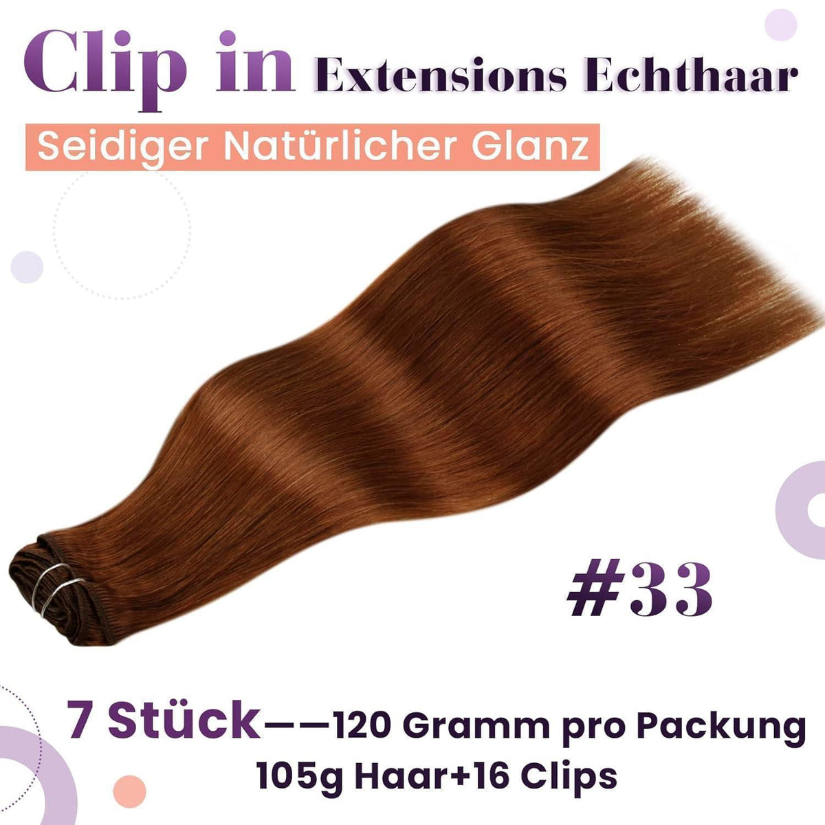 Echthaar Clip-Ins Auburn Braun 45cm – Haarverlängerung