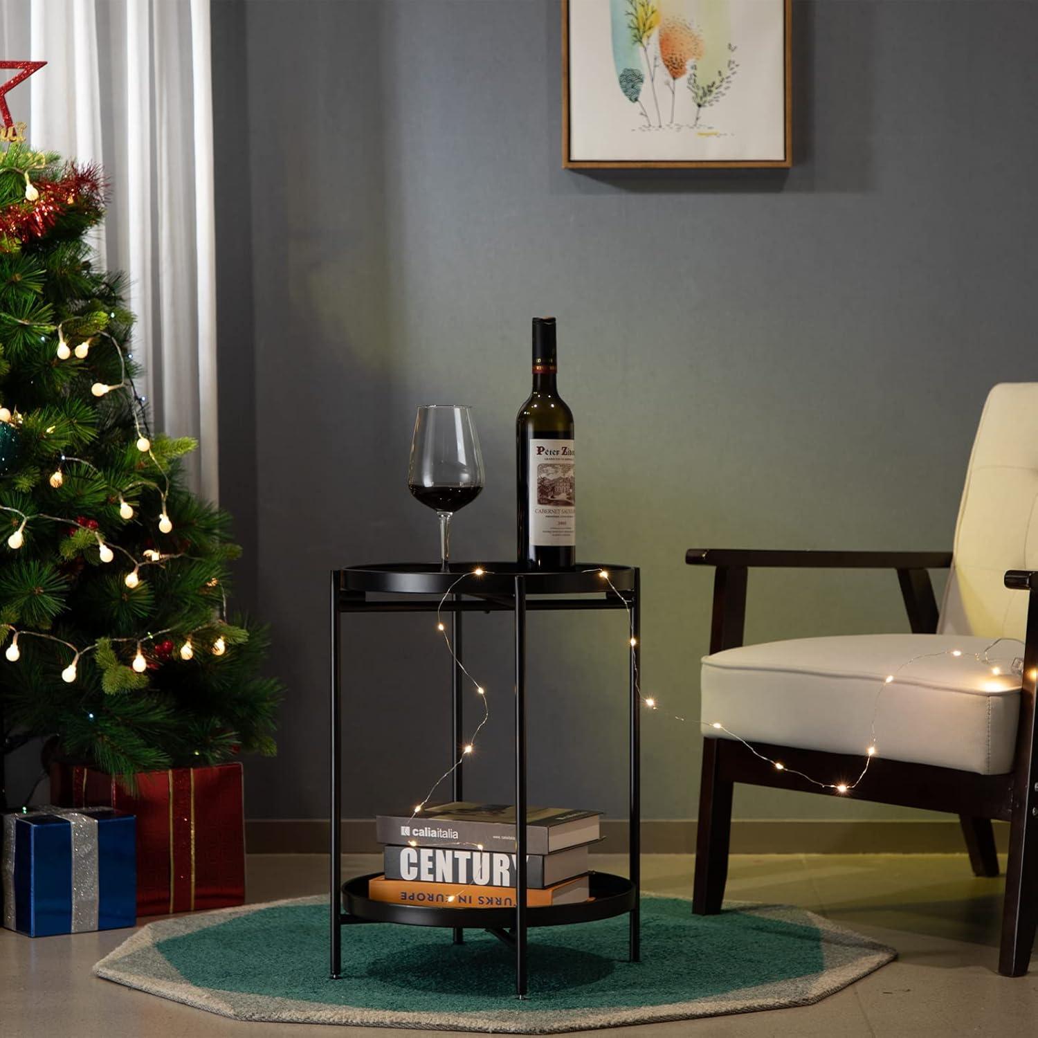 Beistelltisch Schwarz Metall Couchtisch 2 Ebenen Wohnzimmer Schlafzimmer Terrasse