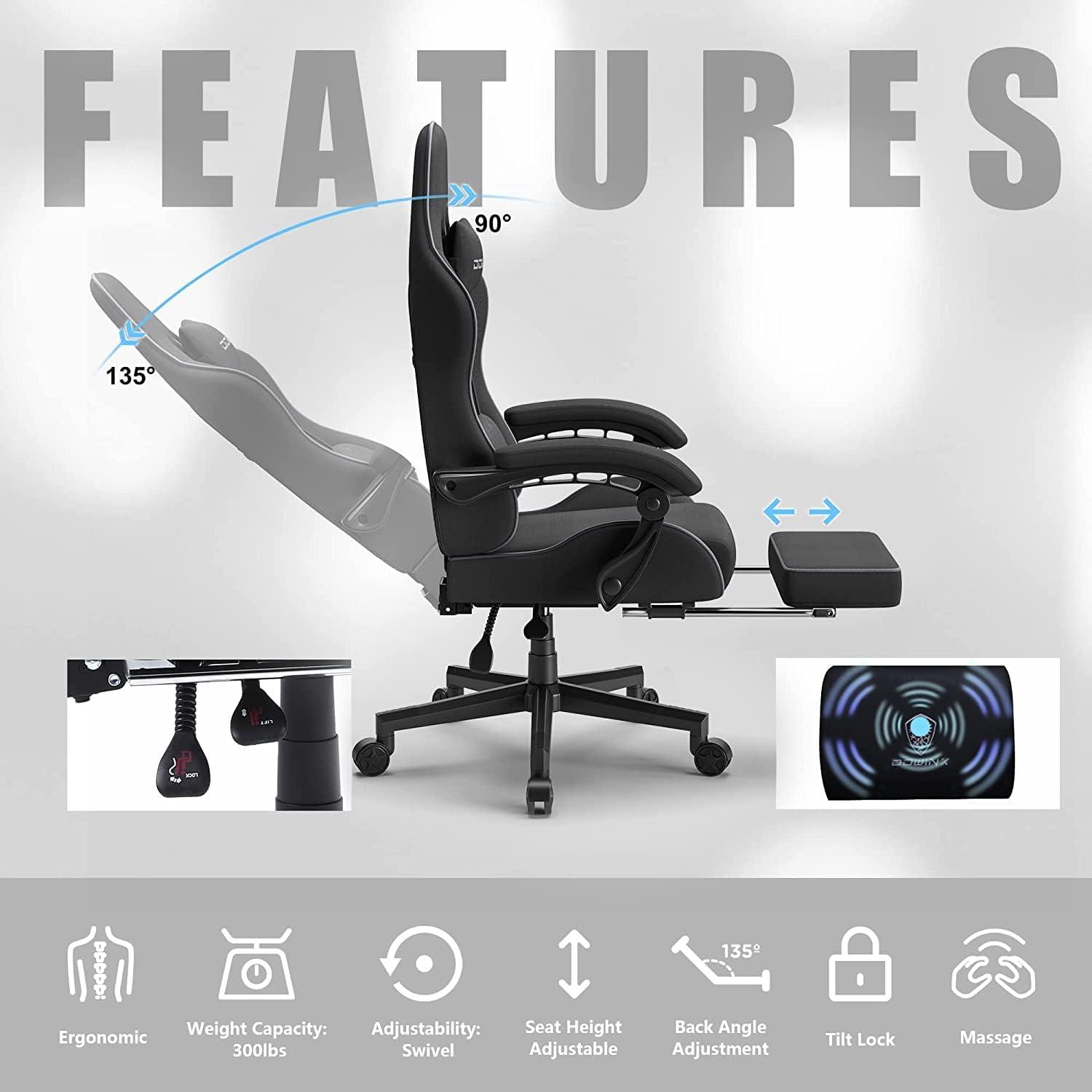 Dowinx Gaming Stuhl Ergonomischer Gamer Stuhl Schwarz Massage Lendenwirbelstütze