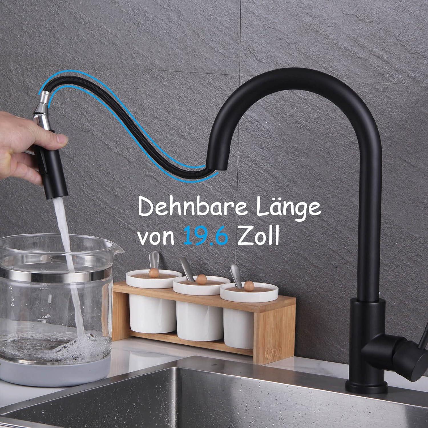 Schwarzer Hochdruck-Wasserhahn Küche ausziehbar 360° drehbar
