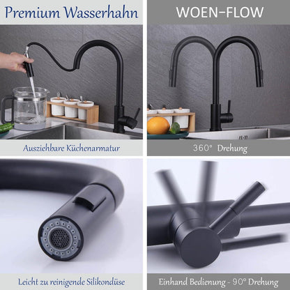 Moderne Schwarz Edelstahl Küchenarmatur 360° Drehbar mit Brause
