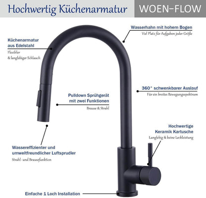 Wasserhahn Küche Schwarz Ausziehbar 360° Drehbar Keramikkartusche, 2