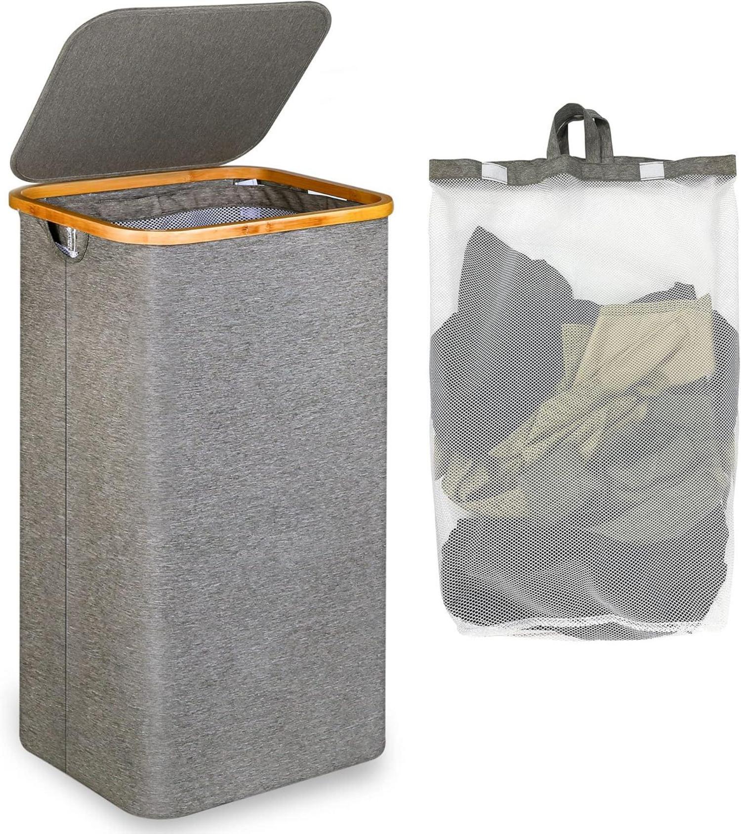 Faltbarer Wäschekorb mit Deckel und Bambusgriffen 100 Liter