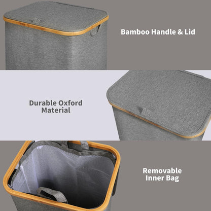 Efluky Wäschekorb mit Deckel und Bambusgriffen, 100 Liter, faltbarer XXL Waschkorb, grau