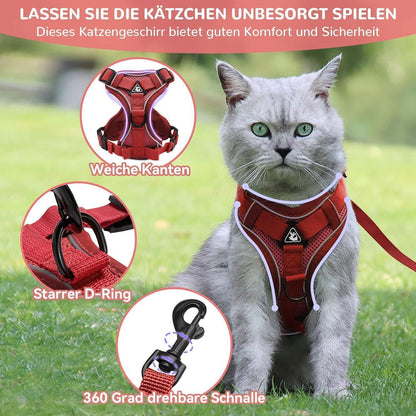Ausbruchsicheres Katzengeschirr mit Leine, Rot L