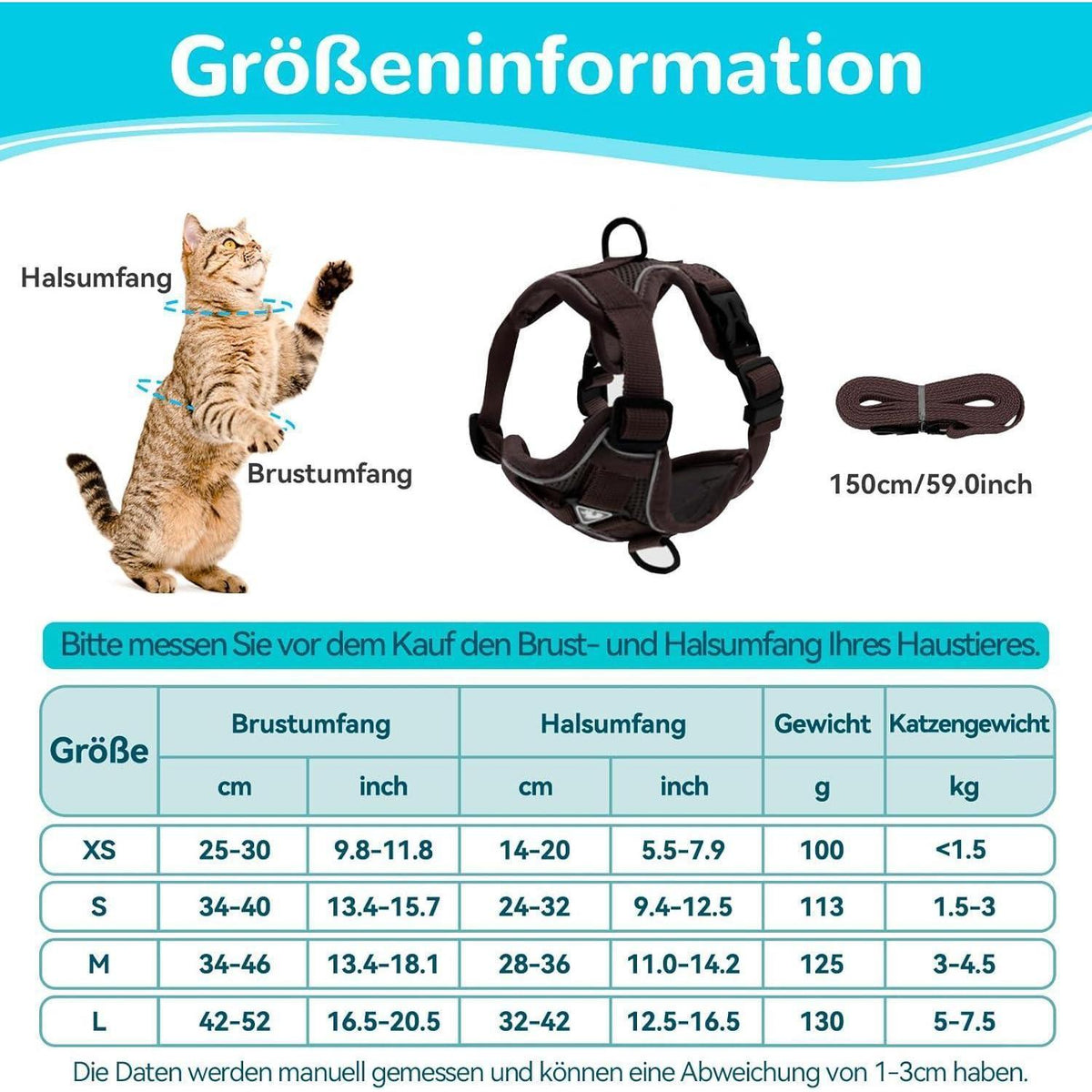 Ausbruchsicheres Katzengeschirr mit Leine, verstellbar, atmungsaktiv, Braun S