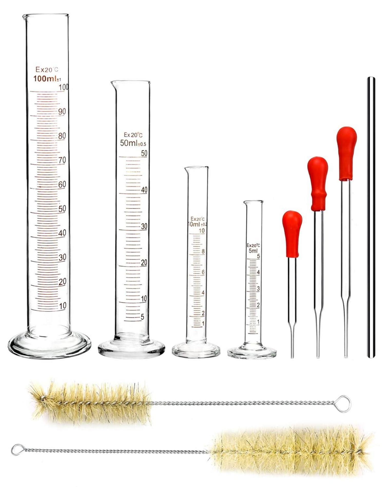 4er Messzylinder Set aus Glas mit Pipetten, Bürsten & Rührstab
