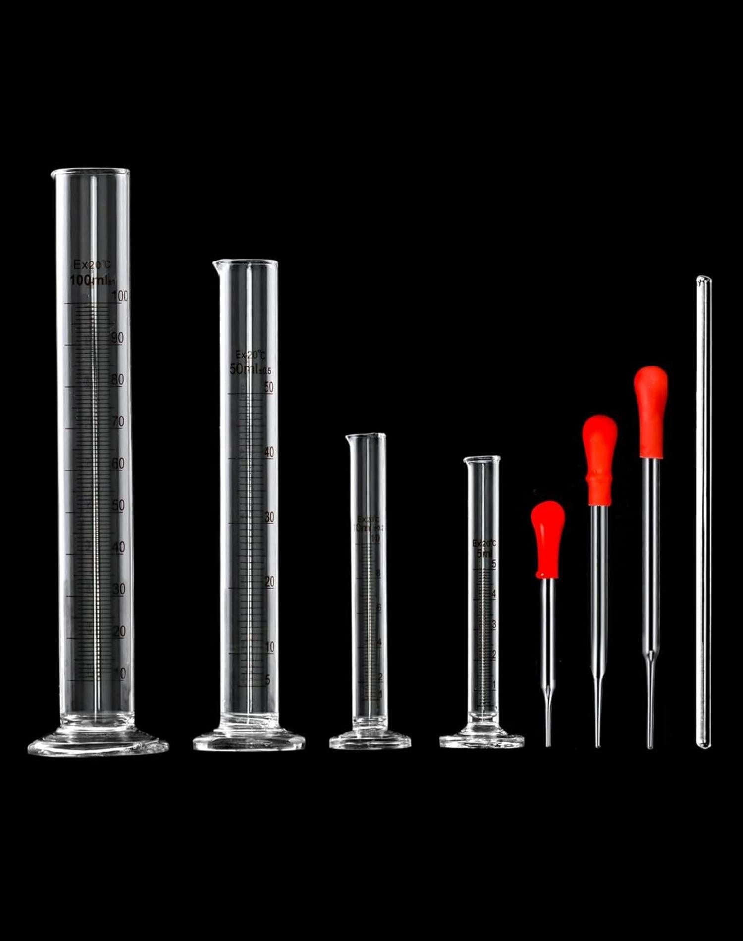 QWORK 4 Stück Messzylinder Glas Set mit Pipetten, Bürste & Glasrührstab
