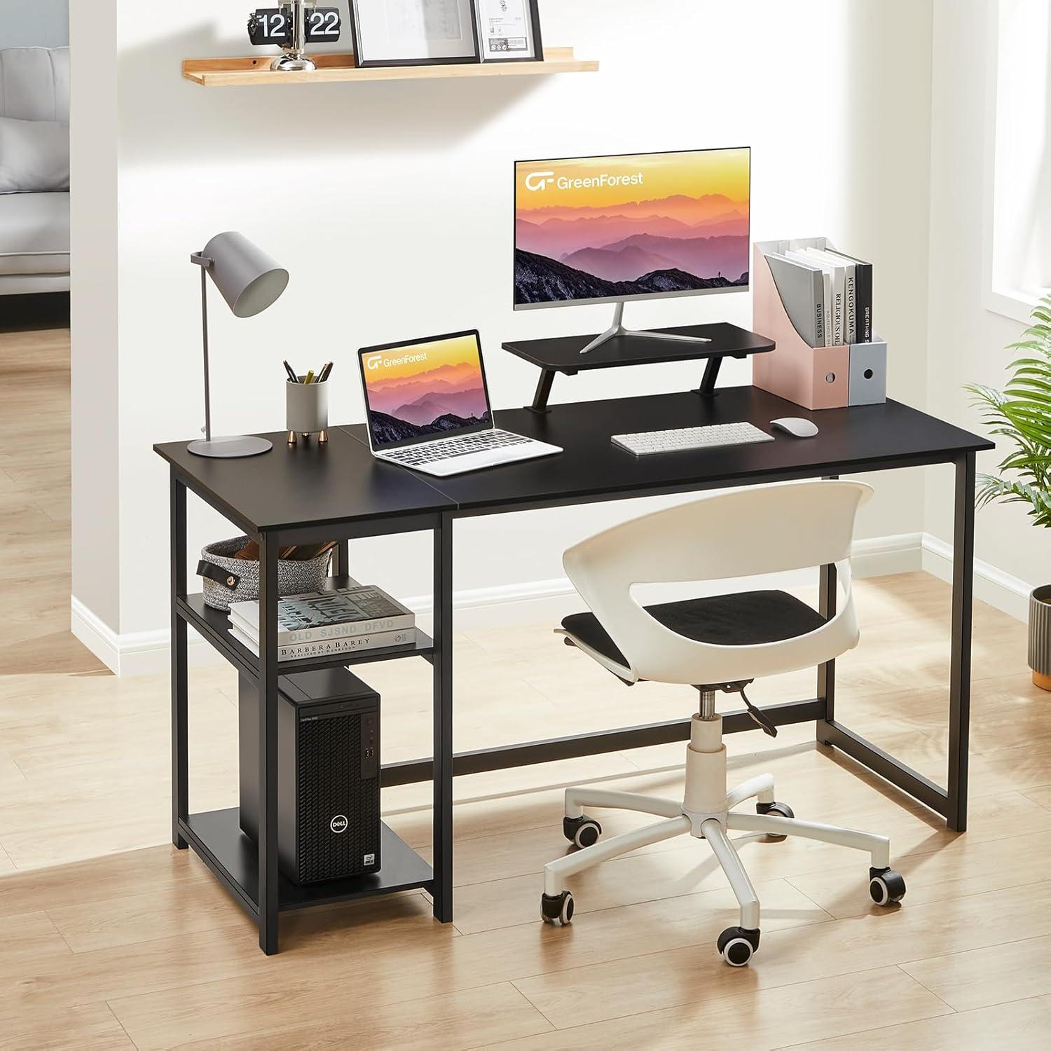 Schreibtisch 140cm mit Stauraum, Monitorständer, Schwarz