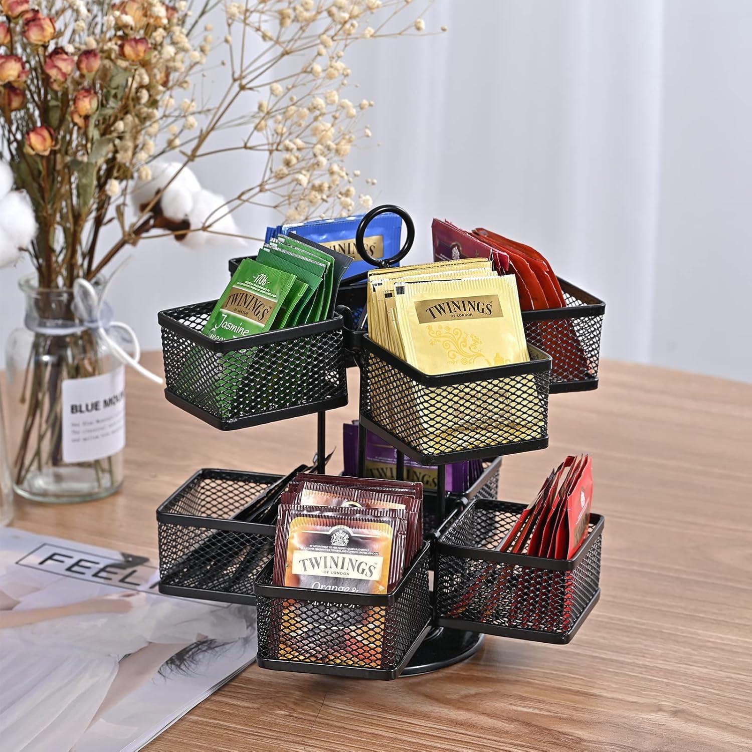 Drehbare 2 Etagen Teebox mit 8 Fächern - Metall Teebeutel Organizer