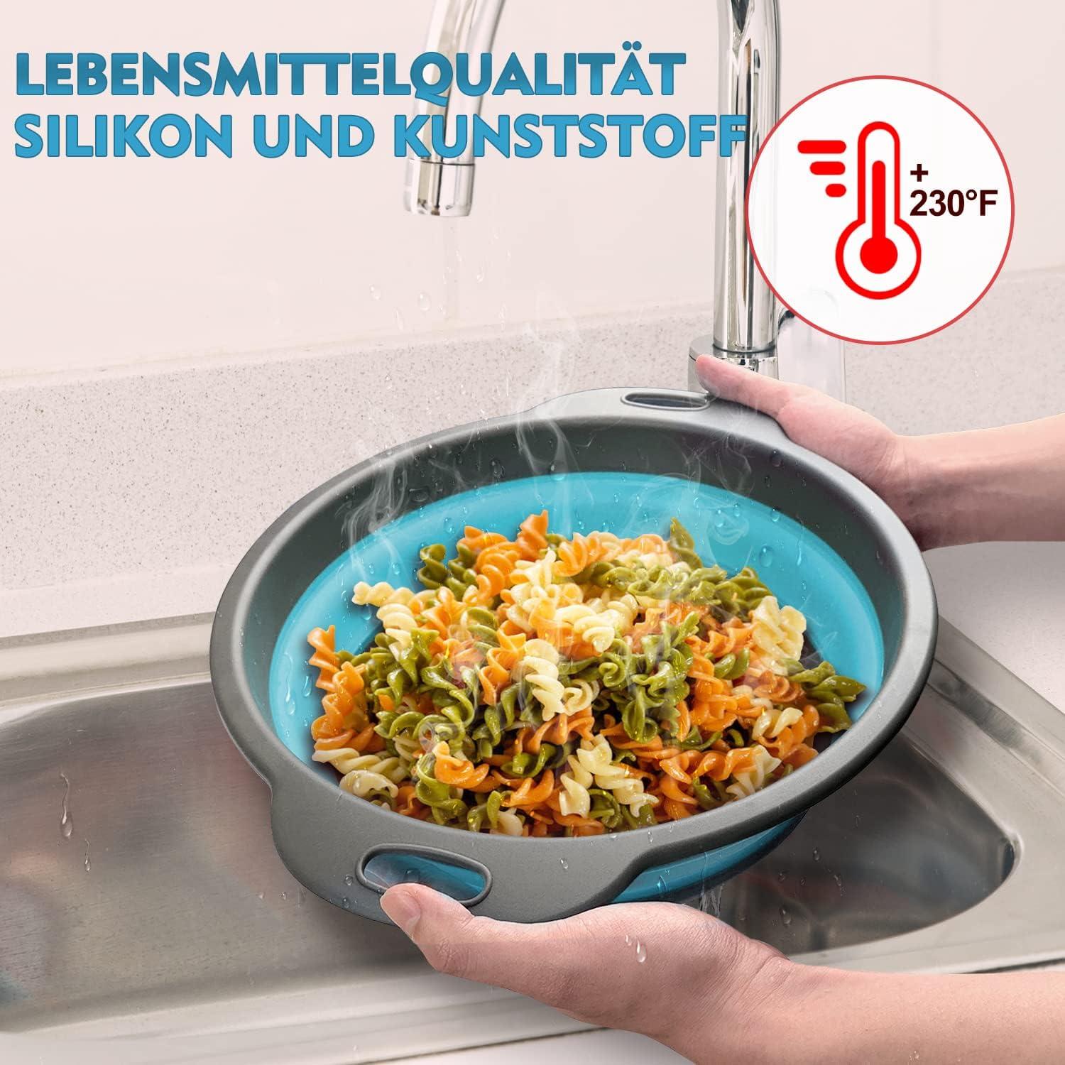 Faltbarer Silikon Seiher Set Küche Abtropfsieb Nudelsieb Blau 3 Größe 3 Stück