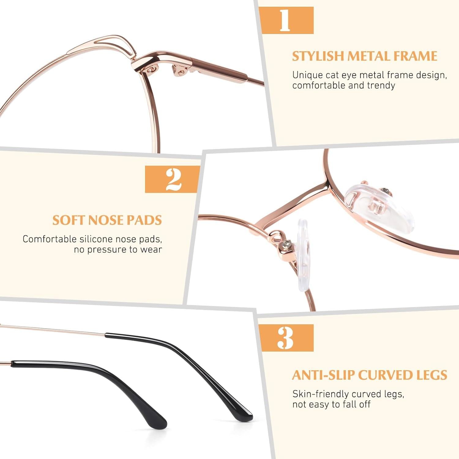 LINVO Damen Brille Metallgestell Vintage Katzenauge - Transparente Linse