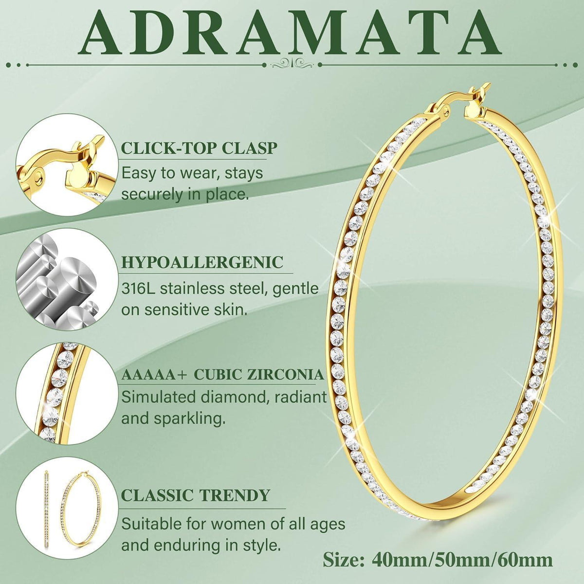 Creolen Edelstahl Damen mit Zirkonia, 40-60mm, Silber/Gold/Roségold