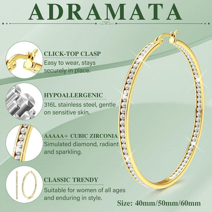 Creolen Edelstahl Damen mit Zirkonia, 40-60mm, Silber/Gold/Roségold