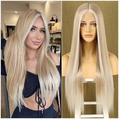 Ombre Blond Lange Gerade Perücke mit Spitze vorne 26 Zoll